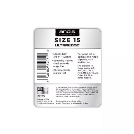 Andis plaukų kirpimo peiliukai UltraEdge Size 15, 3/64" - 1.2 mm