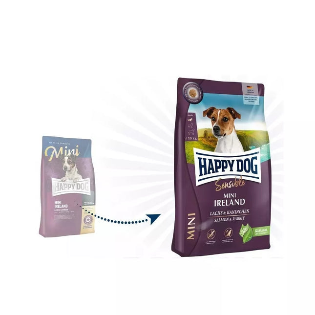 Happy Dog Mini Ireland visavertis pašaras mažų veislių suaugusiems šunims su triušiena ir lašiša, 4 kg