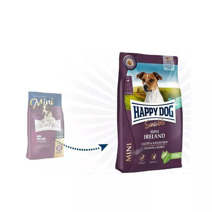 Happy Dog Mini Ireland visavertis pašaras mažų veislių suaugusiems šunims su triušiena ir lašiša, 800 g