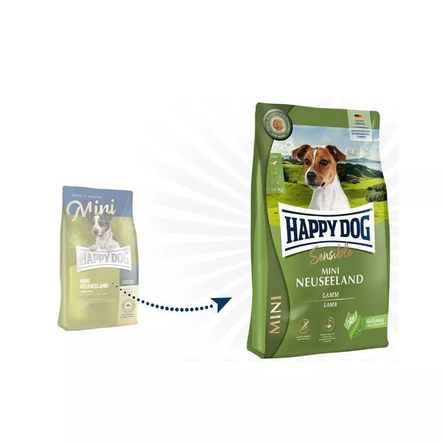 Happy Dog Mini Neuseeland visavertis pašaras mažų veislių suaugusiems šunims su ėriena ir ryžiais, 300 g