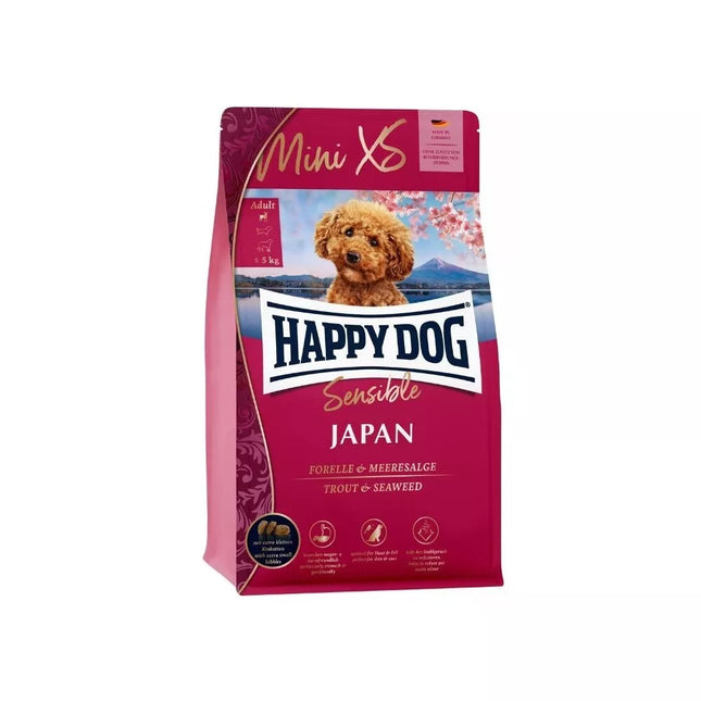 Happy Dog XS Mini Japan visavertis pašaras mažų veislių suaugusiems šunims su upėtakiais ir jūrų dumbliais, 300 g