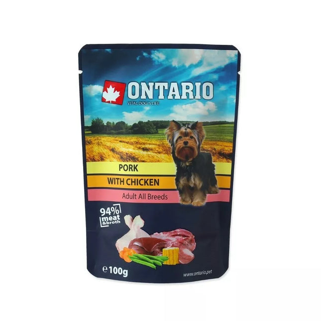 Ontario konservai šunims su kiauliena ir vištiena sultinyje, 100 g