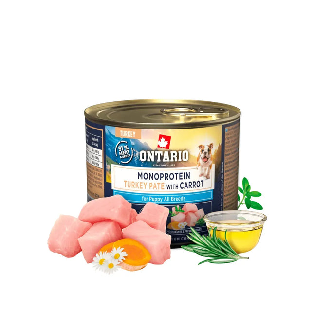 Ontario vieno baltymo konservai jauniems šuniukams su kalakutiena ir morkomis, 200 g