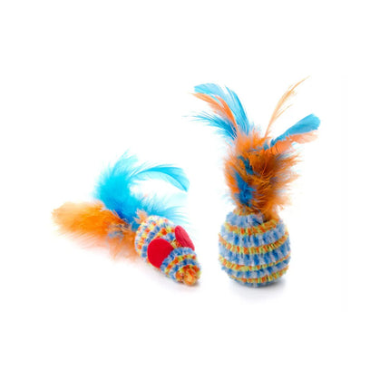 Žaislas katėms pliušinė pelytė ir kamuoliukas su plunksnomis, 10-12 cm (2 vnt.)